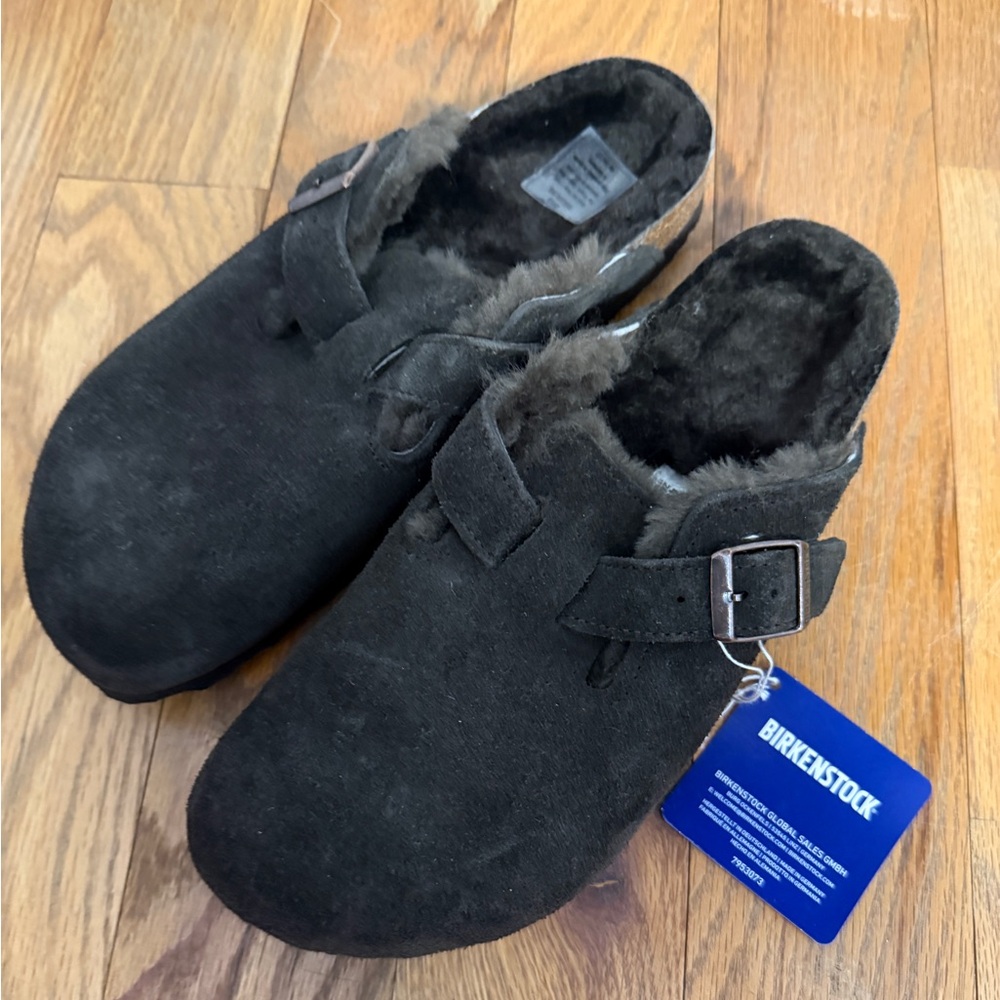 Birkenstock Brown Suede and Shearling Boston Clogs